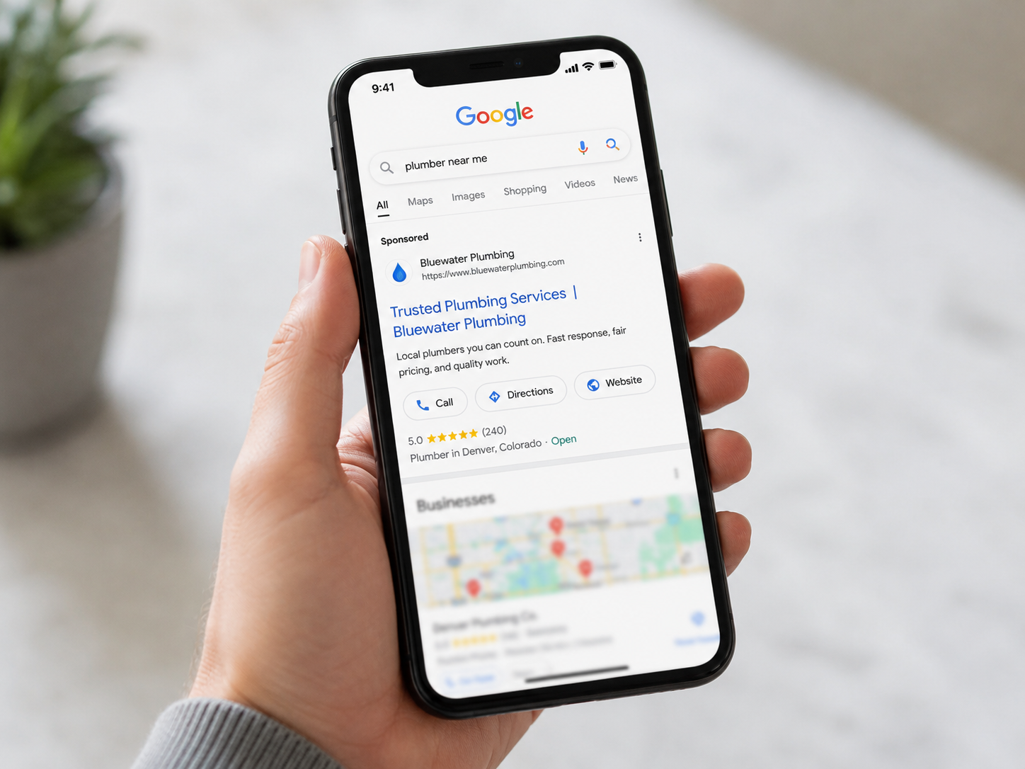 A hand holding a smartphone showing a business at the top of Google search results