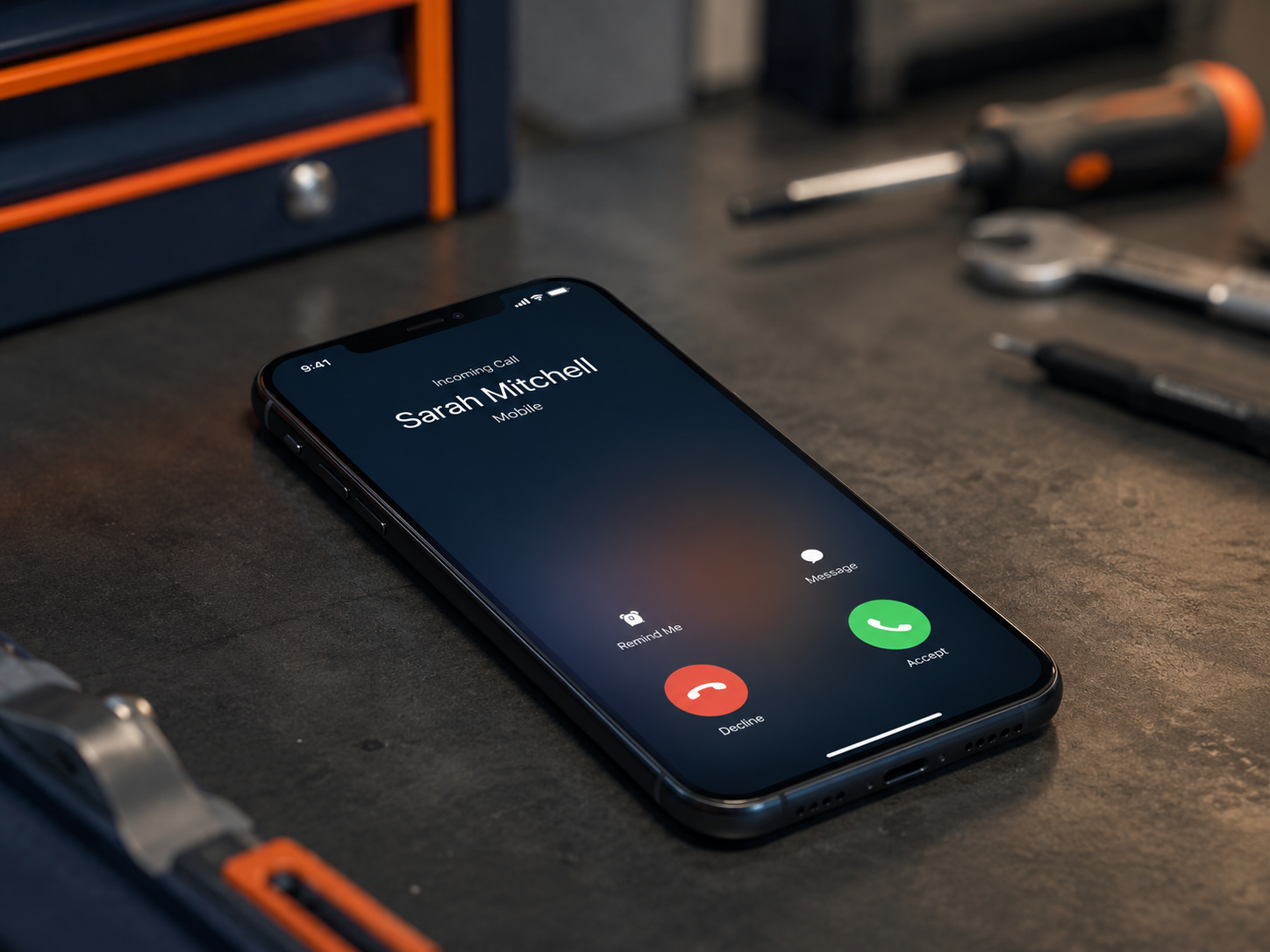 A smartphone on a workbench with an incoming call lighting up the screen