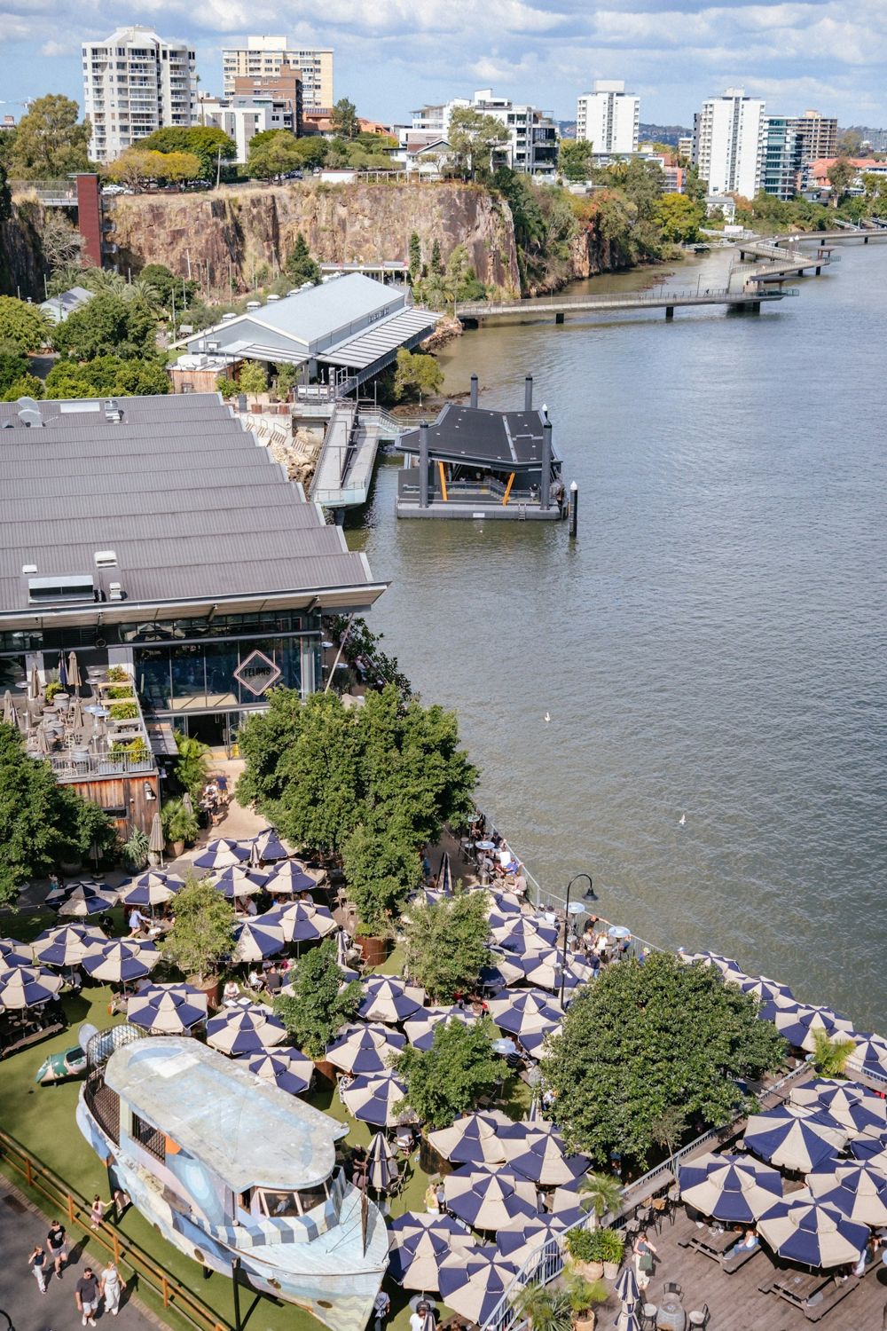 Aerial view of a riverside venue in Brisbane